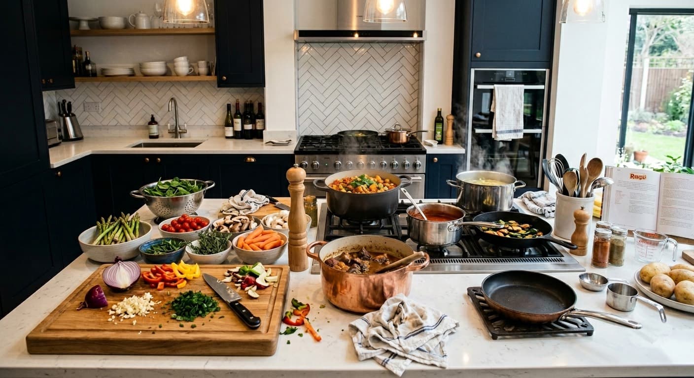 A kitchen counter mid-prep — vegetables chopped and bowls laid out, mise en place
