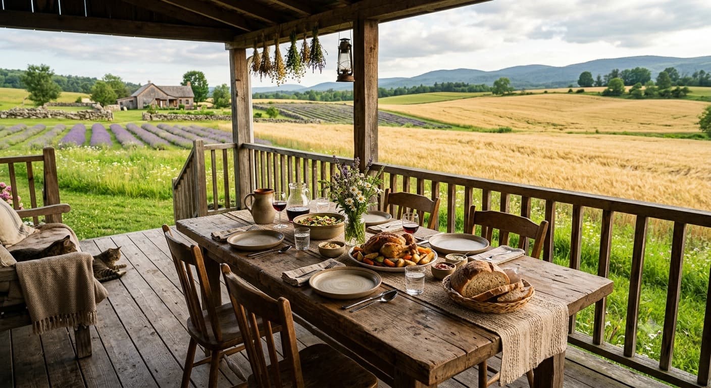 A table set for dinner on a porch overlooking lavender fields
