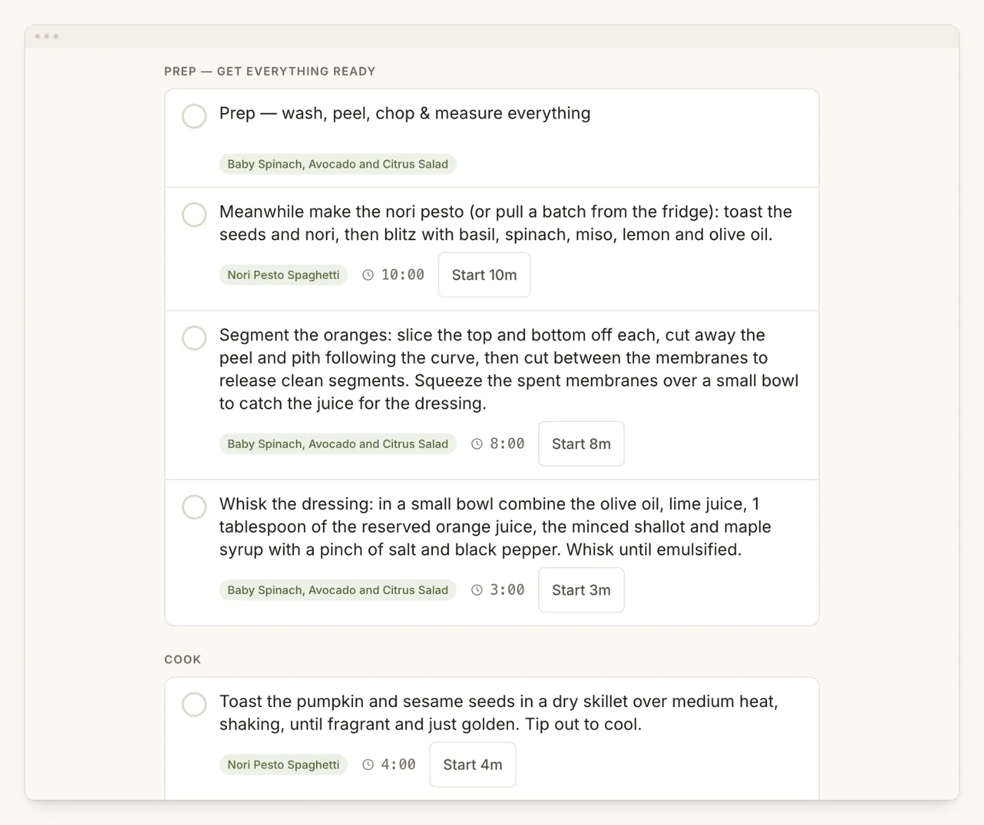 Cooking two dishes at once: prep and cook steps interleaved in one list, each step tagged with the dish it belongs to and carrying its own countdown timer ready to start