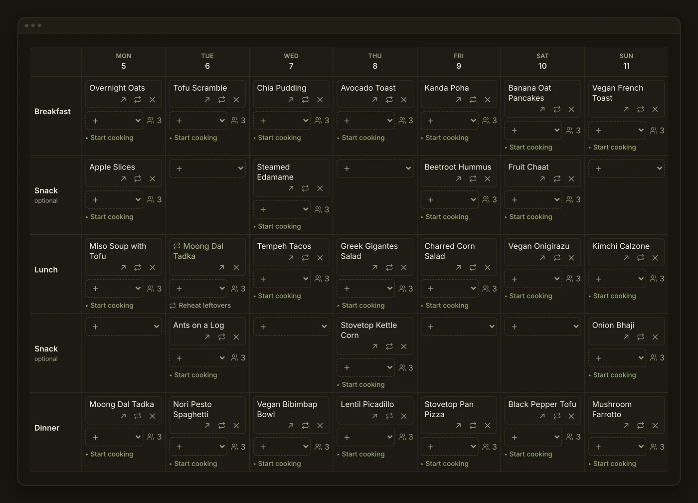 The weekly planner: a plant-based week from Monday to Sunday — overnight oats and tofu scramble at breakfast, miso soup and tempeh tacos at lunch, dal, nori pesto spaghetti and bibimbap at dinner — with snacks on some days, Monday's dal reheated as Tuesday's lunch, and each meal serving 3