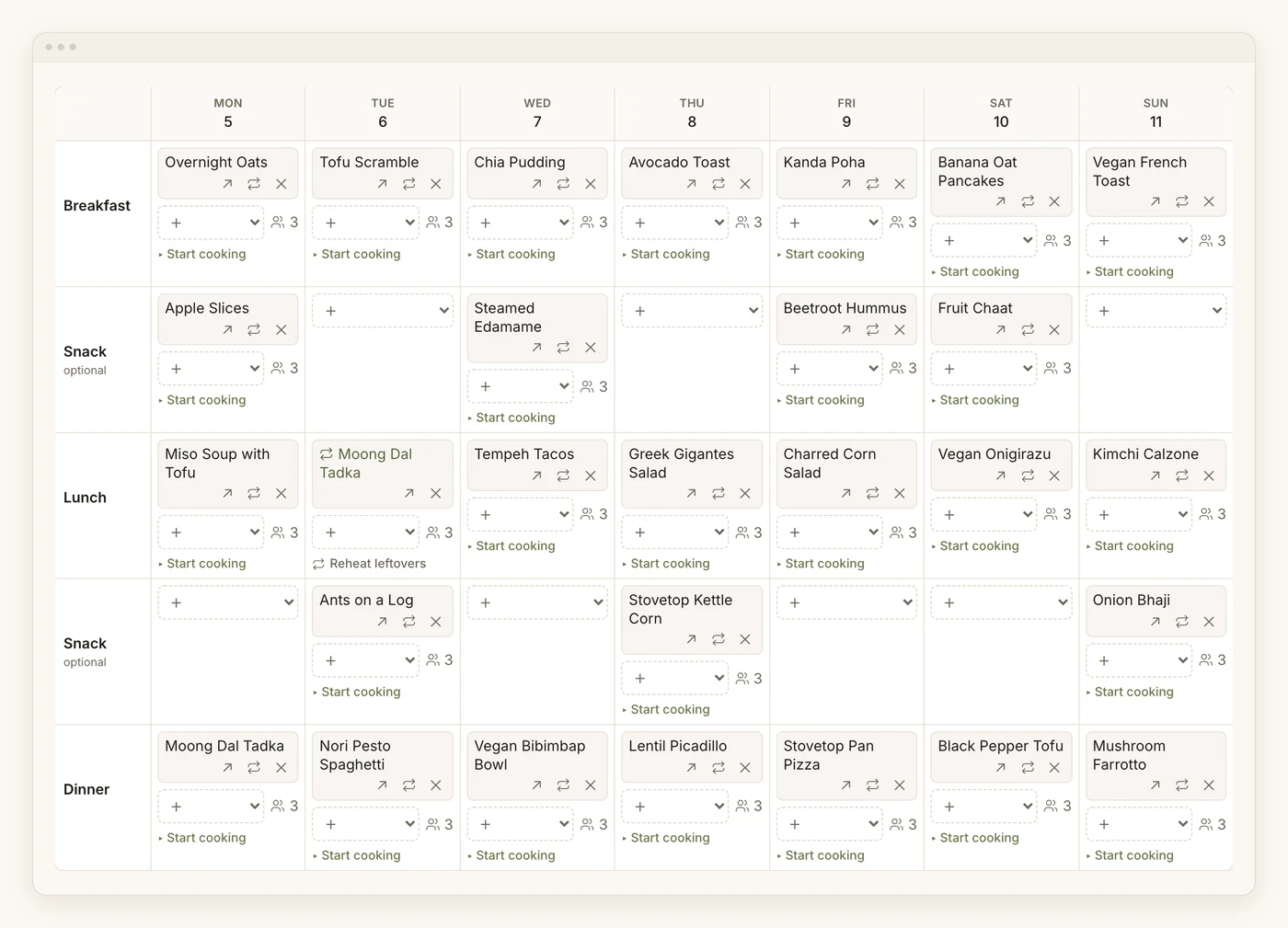 The weekly planner: a plant-based week from Monday to Sunday — overnight oats and tofu scramble at breakfast, miso soup and tempeh tacos at lunch, dal, nori pesto spaghetti and bibimbap at dinner — with snacks on some days, Monday's dal reheated as Tuesday's lunch, and each meal serving 3