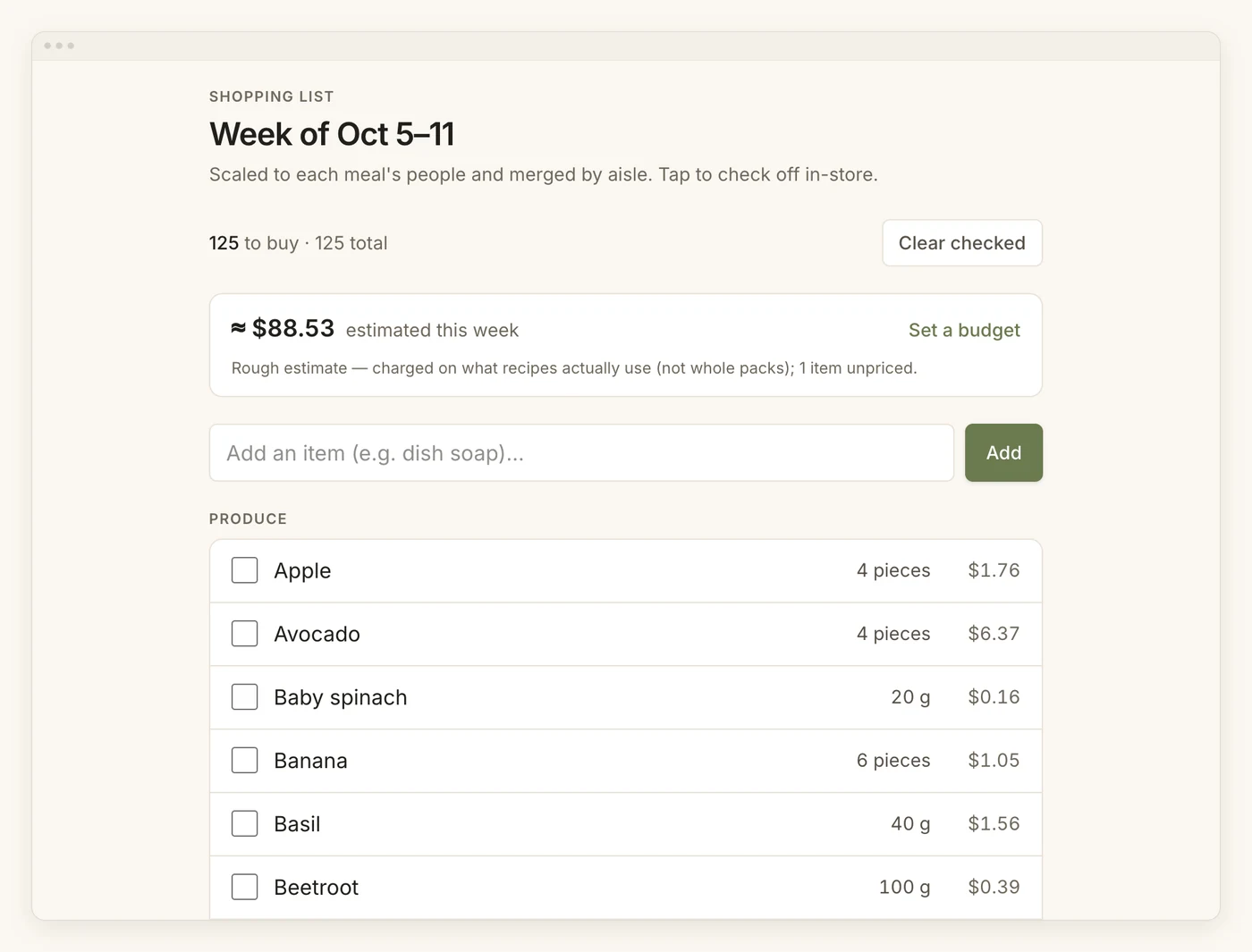 The shopping list for that week: 125 items at an estimated $88.53, then a Produce aisle where each ingredient is merged into a single buyable amount — 4 apples, 4 avocados, 40 g basil — with its price